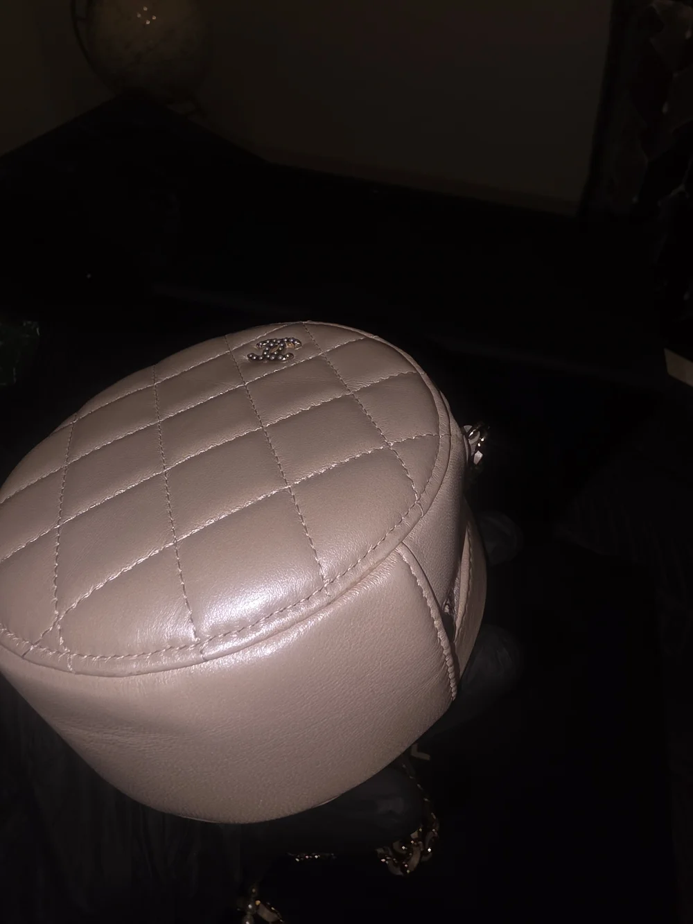 CHANEL Beige Iridescent Calfskin Quilted Round Pearl Chain Crossbody Bag